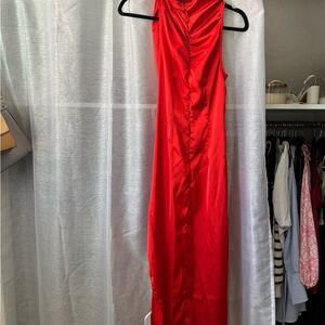 Red Satin High Neck Ruched Back Detail Midi Dress